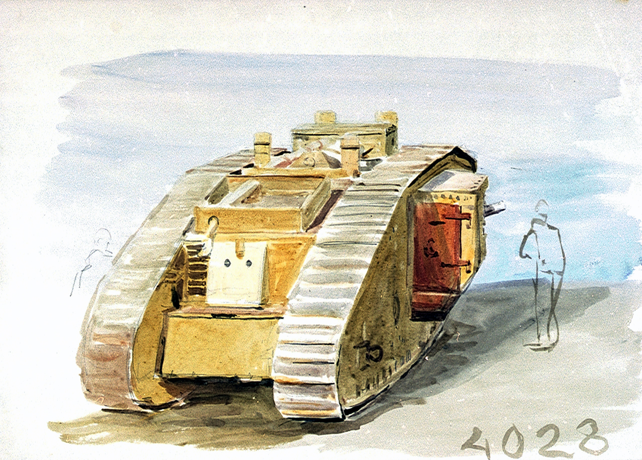 Tanque Mark I conservado en museo, vista lateral completa