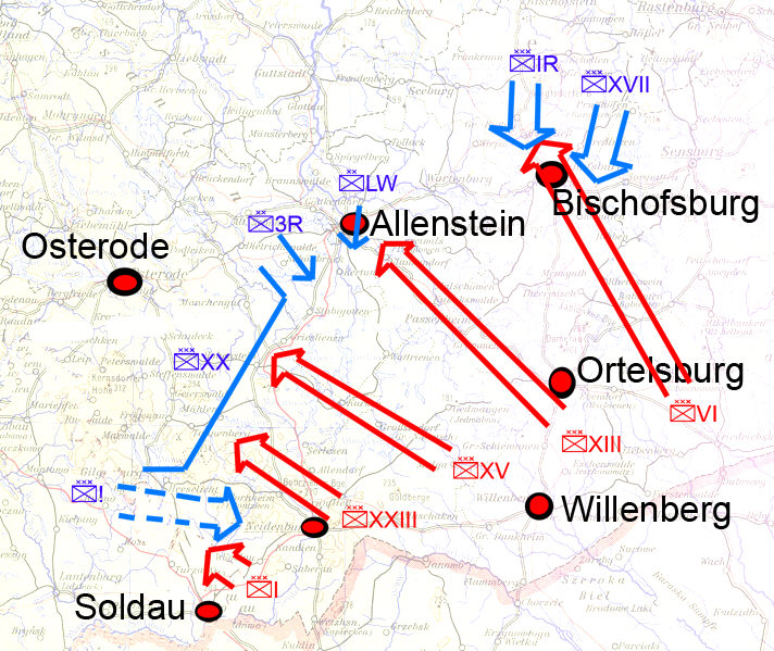 Mapa Batalla de Tannenberg 26 de agosto de 1914 - primeros combates