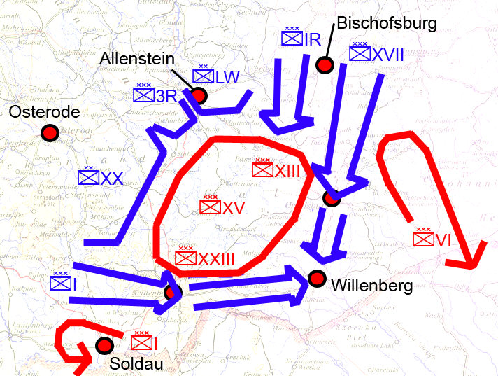 Mapa Batalla de Tannenberg 28 de agosto de 1914 - envolvimiento aleman